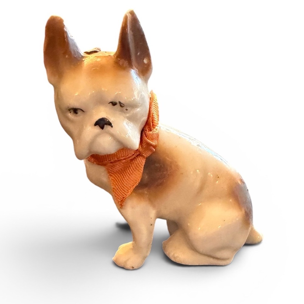 Vtg Made‎ in Japan Porcelain French Bulldog Figurine Boston Terrier Orange Bow